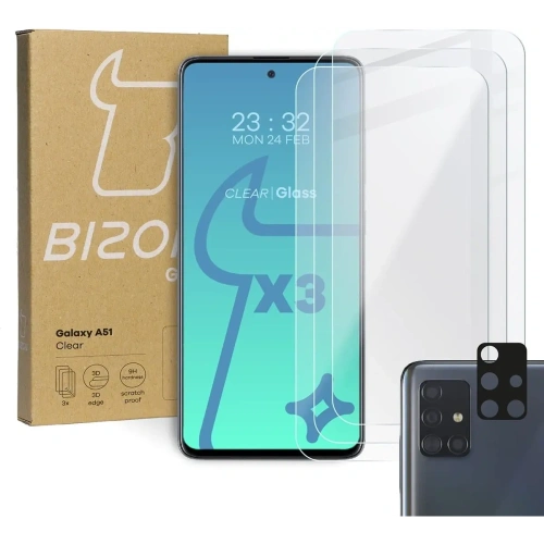 3x szkło hartowane Bizon Glass Clear + szkło na obiektyw Samsung Galaxy A51