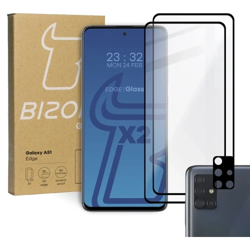 2x szkło hartowane Bizon Glass Edge + ochrona na obiektyw Samsung Galaxy A51 czarne