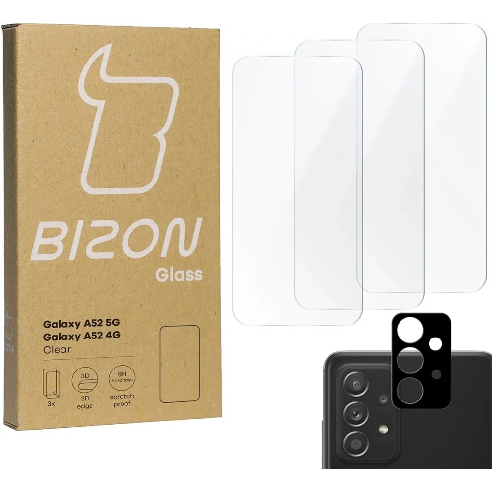 Hurtownia GSM - Bizon üveg Tiszta edzett üveg - 3 db. + lencse üveg Samsung Galaxy A52s 5G A52 4G/5G - BIZ1108 - {ean13} - Hurt