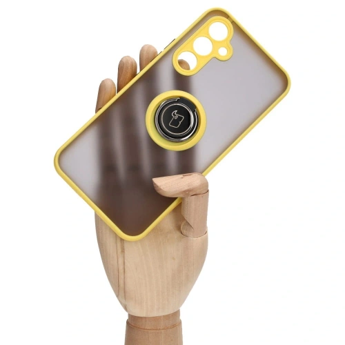 Etui z uchwytem na palec Bizon Case Hybrid Ring do Samsung Galaxy A54 5G przydymione z żółtą ramką
