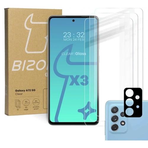 3x szkło hartowane Bizon Glass Clear + szkło na obiektyw Samsung Galaxy A72 5G