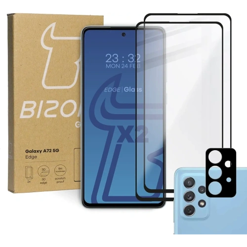 2x szkło hartowane Bizon Glass Edge + ochrona na obiektyw Samsung Galaxy A72 5G czarne