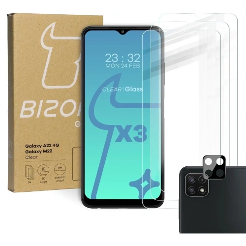 3x szkło hartowane Bizon Glass Clear + szkło na obiektyw Samsung Galaxy A22 4G / M22