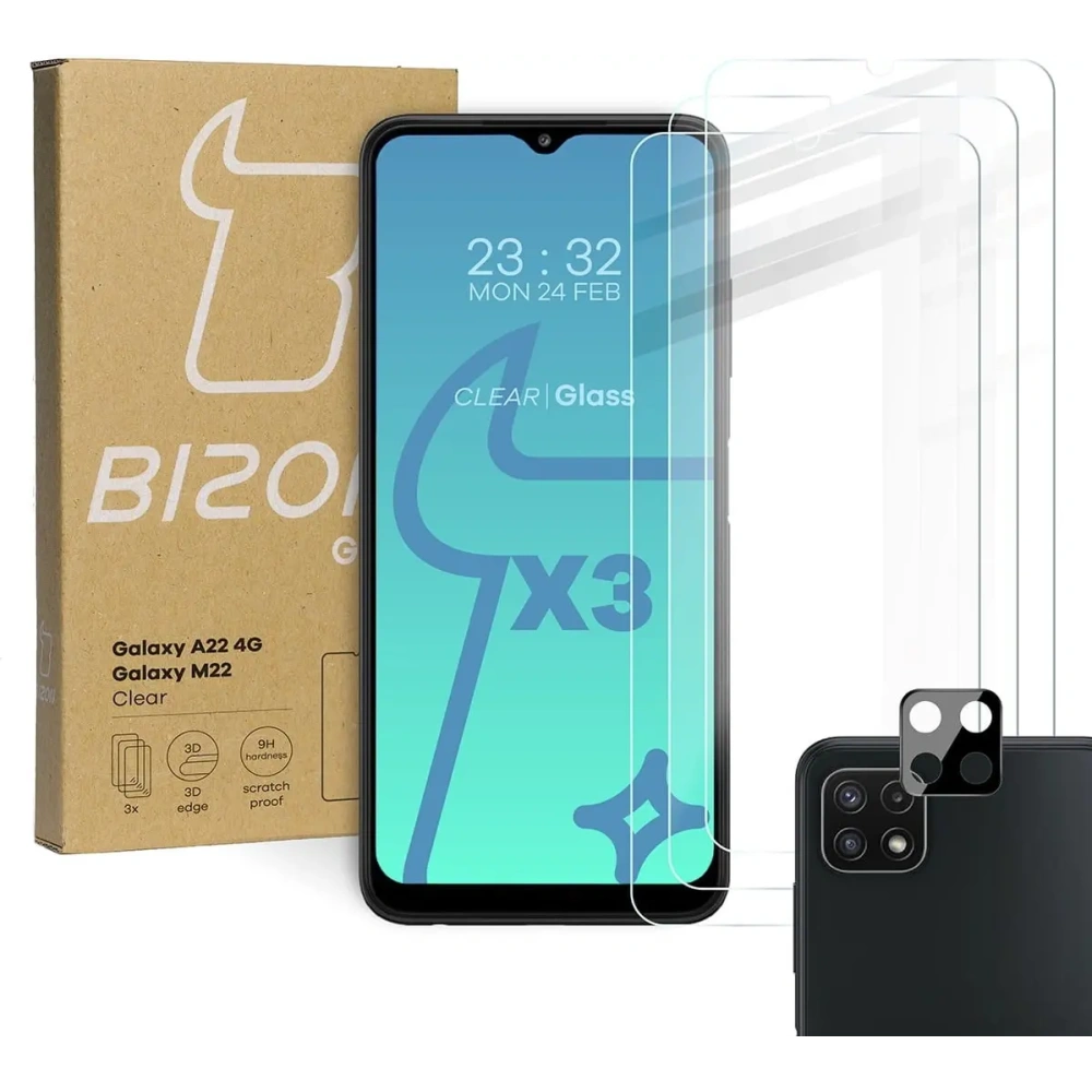 Hurtownia GSM - Bizon üveg átlátszó 3x edzett üveg + lencse üveg Samsung Galaxy A22 4G / M22 - BIZ7580 - {ean13} - Hurt