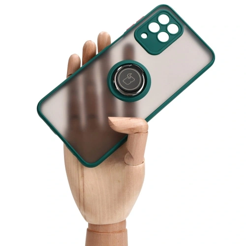 Etui z uchwytem na palec Bizon Case Hybrid Ring do Samsung Galaxy M33 5G przydymione z ciemnozieloną ramką