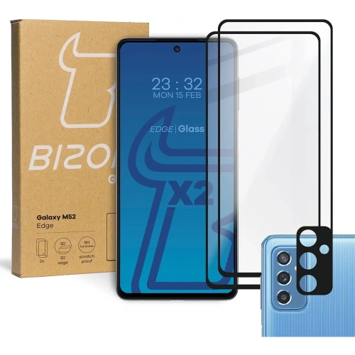 2x szkło hartowane Bizon Glass Edge + ochrona na obiektyw Samsung Galaxy M52 czarne