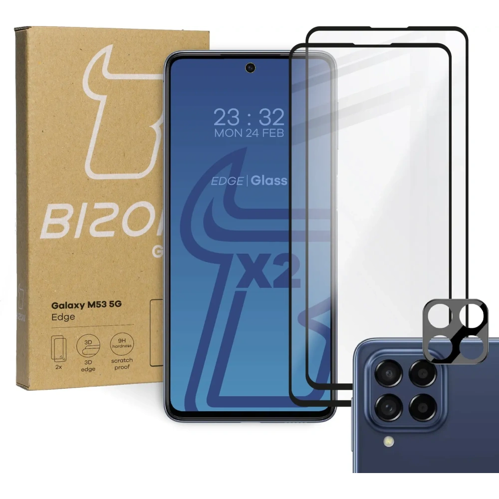 Hurtownia GSM - Bizon Glass Edge edzett üveg - [2 PACK] + lencsevédő Samsung Galaxy M53 5G fekete - BIZ1384 - {ean13} - Hurt
