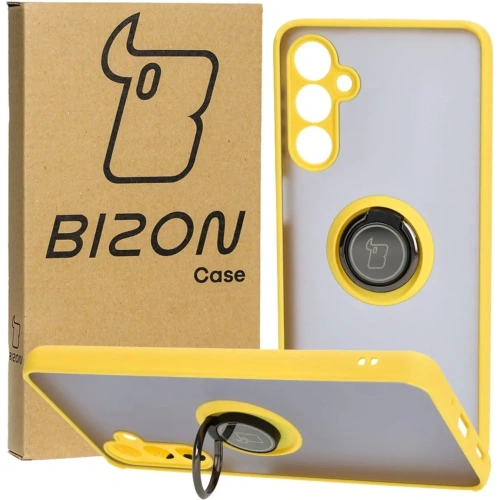 Etui z uchwytem na palec Bizon Case Hybrid Ring do Samsung Galaxy M54 5G przydymione z żółtą ramką