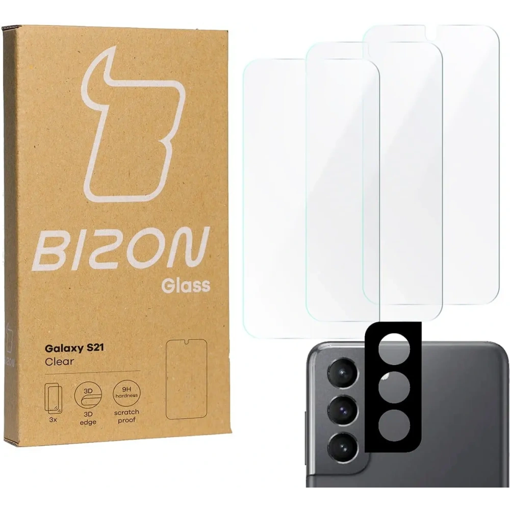 Hurtownia GSM - Bizon Glass Clear sticlă securizată - 3 buc. + sticlă de lentilă Samsung Galaxy S21 5G - BIZ1481 - {ean13} - Hurt