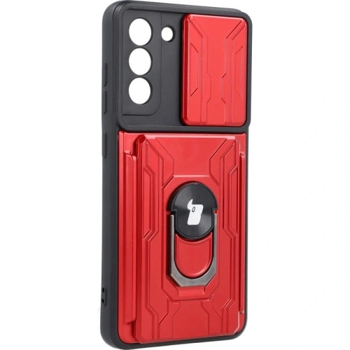 Etui Bizon Case Camshield Card Slot Ring do Samsung Galaxy S21 FE czerwone