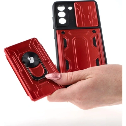 Etui Bizon Case Camshield Card Slot Ring do Samsung Galaxy S21 FE czerwone