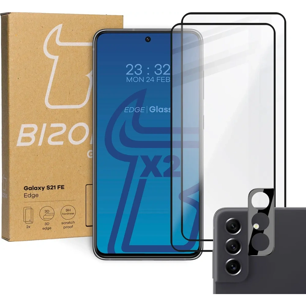 Hurtownia GSM - 2x szkło hartowane Bizon Glass Edge + ochrona na obiektyw Samsung Galaxy S21 FE czarne - BIZ7716 - {ean13} - Hurt