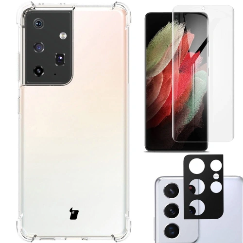 Etui + 2x folia + obiektyw Bizon Case Clear Pack do Samsung Galaxy S21 Ultra przezroczyste