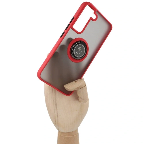 Etui z uchwytem na palec Bizon Case Hybrid Ring do Samsung Galaxy S22 przydymione z czerwoną ramką