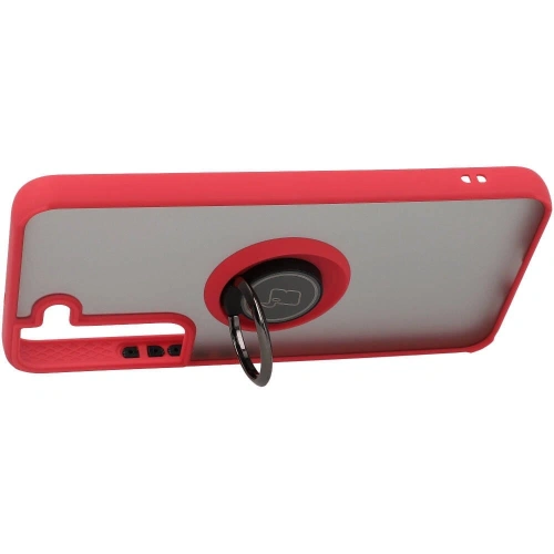 Etui z uchwytem na palec Bizon Case Hybrid Ring do Samsung Galaxy S22 przydymione z czerwoną ramką