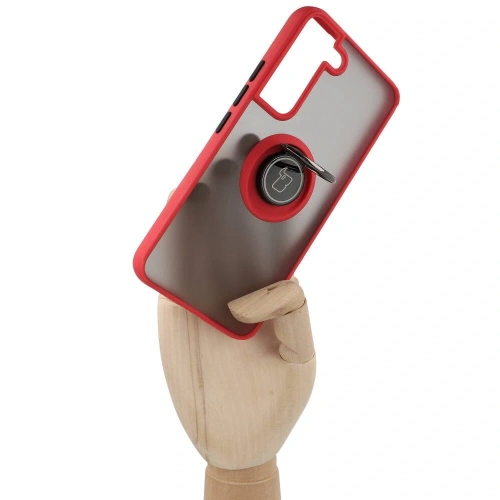 Etui z uchwytem na palec Bizon Case Hybrid Ring do Samsung Galaxy S22 przydymione z czerwoną ramką