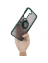 Etui z uchwytem na palec Bizon Case Hybrid Ring do Samsung Galaxy S22 při dýmové barvě s tmavě zeleným rámem
