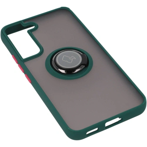 Etui z uchwytem na palec Bizon Case Hybrid Ring do Samsung Galaxy S22 przydymione z ciemnozieloną ramką