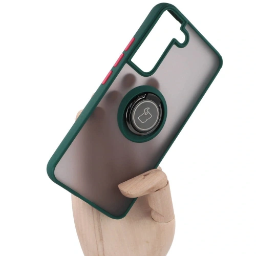 Etui z uchwytem na palec Bizon Case Hybrid Ring do Samsung Galaxy S22 przydymione z ciemnozieloną ramką