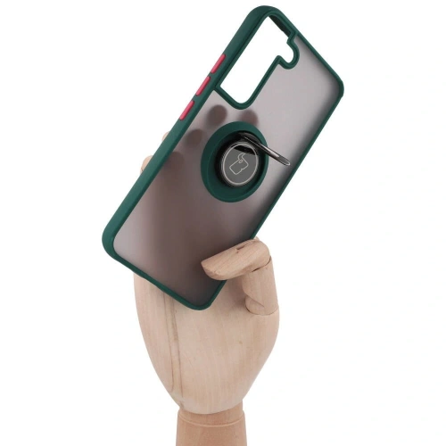 Etui z uchwytem na palec Bizon Case Hybrid Ring do Samsung Galaxy S22 przydymione z ciemnozieloną ramką
