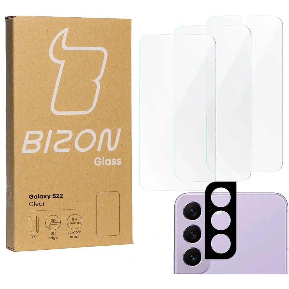 Hurtownia GSM - Bizon üveg Átlátszó edzett üveg - 3 db. + lencseüveg Samsung Galaxy S22 - BIZ1571 - {ean13} - Hurt