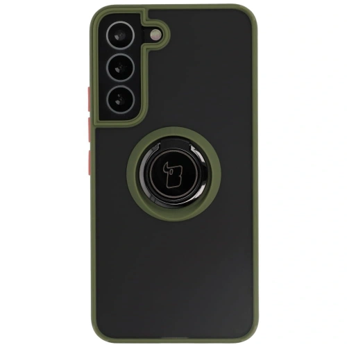 Etui z uchwytem na palec Bizon Case Hybrid Ring do Samsung Galaxy S22 przydymione z zieloną ramką