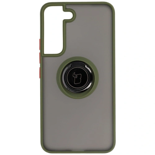 Etui z uchwytem na palec Bizon Case Hybrid Ring do Samsung Galaxy S22 przydymione z zieloną ramką