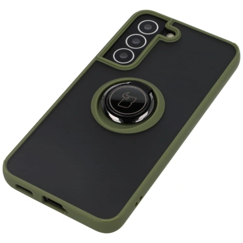 Etui z uchwytem na palec Bizon Case Hybrid Ring do Samsung Galaxy S22 przydymione z zieloną ramką