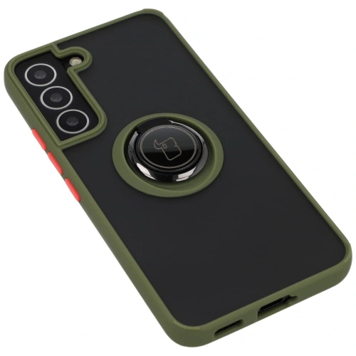 Etui z uchwytem na palec Bizon Case Hybrid Ring do Samsung Galaxy S22 przydymione z zieloną ramką