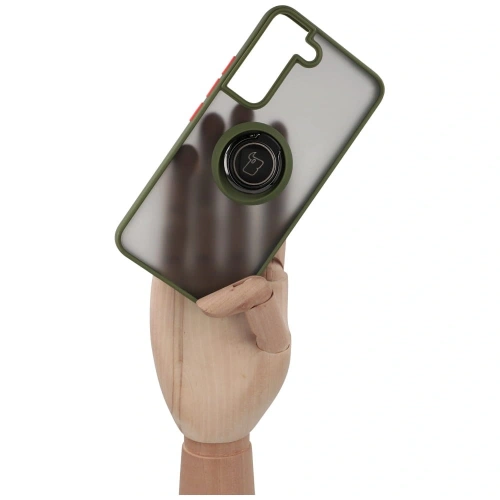 Etui z uchwytem na palec Bizon Case Hybrid Ring do Samsung Galaxy S22 przydymione z zieloną ramką