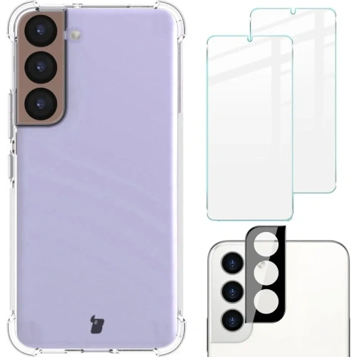 Etui + 2x szkło na ekran + obiektyw Bizon Case Clear Pack do Samsung Galaxy S22 przezroczyste