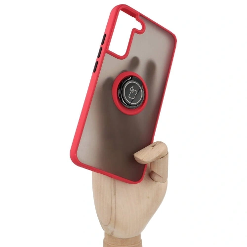 Etui z uchwytem na palec Bizon Case Hybrid Ring do Samsung Galaxy S22 Plus przydymione z czerwoną ramką