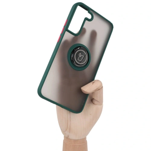 Etui z uchwytem na palec Bizon Case Hybrid Ring do Samsung Galaxy S22 Plus przydymione z ciemnozieloną ramką
