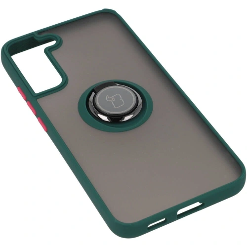 Etui z uchwytem na palec Bizon Case Hybrid Ring do Samsung Galaxy S22 Plus przydymione z ciemnozieloną ramką
