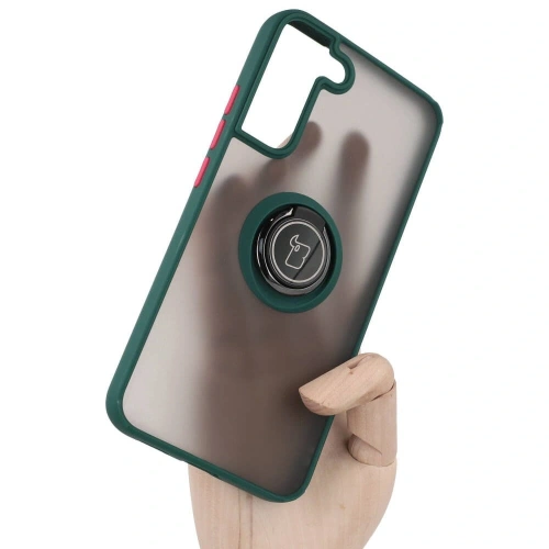 Etui z uchwytem na palec Bizon Case Hybrid Ring do Samsung Galaxy S22 Plus przydymione z ciemnozieloną ramką