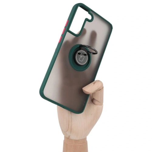 Etui z uchwytem na palec Bizon Case Hybrid Ring do Samsung Galaxy S22 Plus przydymione z ciemnozieloną ramką