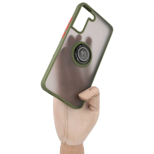Etui z uchwytem na palec Bizon Case Hybrid Ring do Samsung Galaxy S22 Plus przydymione z zieloną ramką