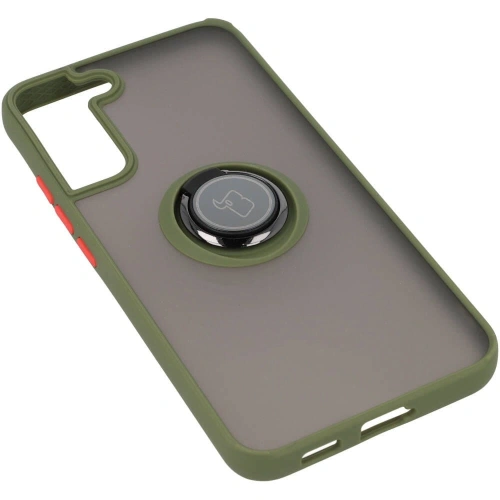 Etui z uchwytem na palec Bizon Case Hybrid Ring do Samsung Galaxy S22 Plus przydymione z zieloną ramką