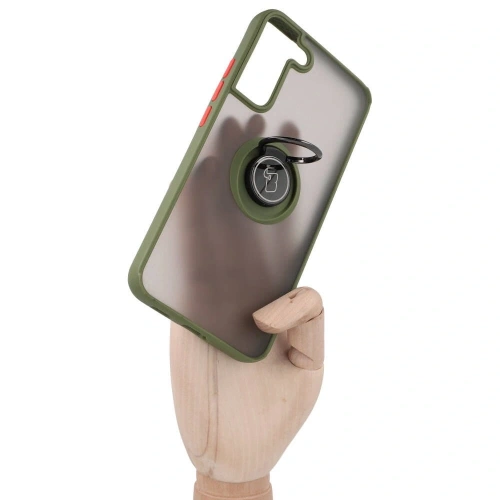 Etui z uchwytem na palec Bizon Case Hybrid Ring do Samsung Galaxy S22 Plus przydymione z zieloną ramką