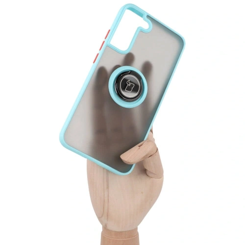 Etui z uchwytem na palec Bizon Case Hybrid Ring do Samsung Galaxy S22 Plus przydymione z jasnoniebieską ramką