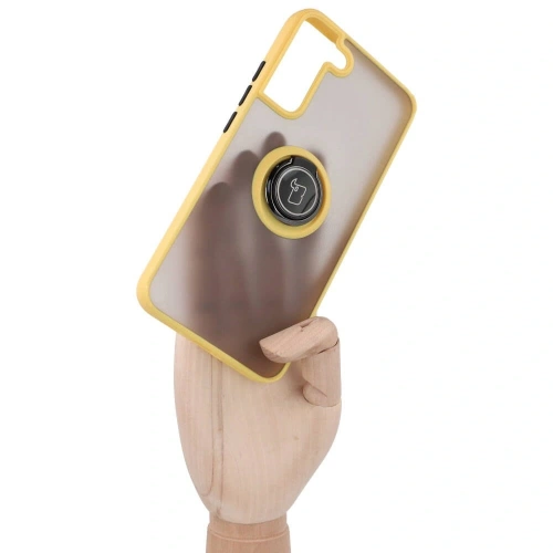 Etui z uchwytem na palec Bizon Case Hybrid Ring do Samsung Galaxy S22 Plus przydymione z żółtą ramką