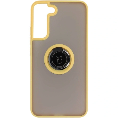Etui z uchwytem na palec Bizon Case Hybrid Ring do Samsung Galaxy S22 Plus przydymione z żółtą ramką