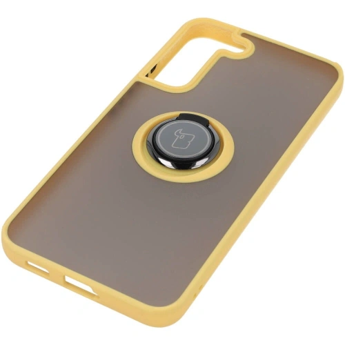 Etui z uchwytem na palec Bizon Case Hybrid Ring do Samsung Galaxy S22 Plus przydymione z żółtą ramką