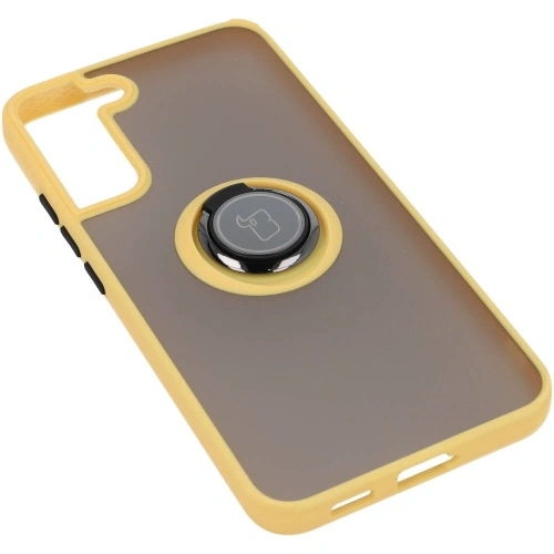 Etui z uchwytem na palec Bizon Case Hybrid Ring do Samsung Galaxy S22 Plus przydymione z żółtą ramką