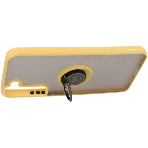 Etui z uchwytem na palec Bizon Case Hybrid Ring do Samsung Galaxy S22 Plus przydymione z żółtą ramką