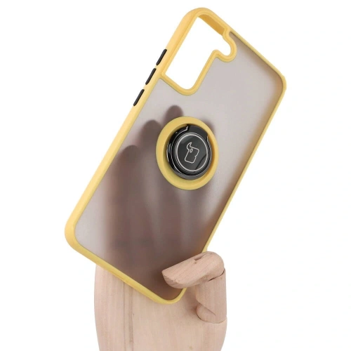 Etui z uchwytem na palec Bizon Case Hybrid Ring do Samsung Galaxy S22 Plus przydymione z żółtą ramką