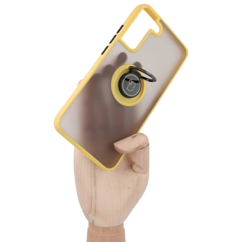 Etui z uchwytem na palec Bizon Case Hybrid Ring do Samsung Galaxy S22 Plus przydymione z żółtą ramką