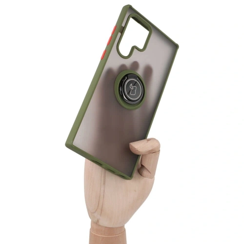 Etui z uchwytem na palec Bizon Case Hybrid Ring do Samsung Galaxy S22 Ultra przydymione z zieloną ramką