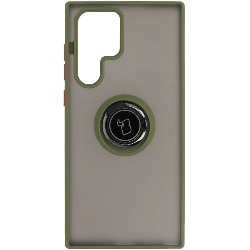 Etui z uchwytem na palec Bizon Case Hybrid Ring do Samsung Galaxy S22 Ultra przydymione z zieloną ramką