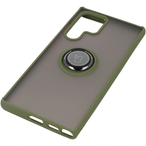 Etui z uchwytem na palec Bizon Case Hybrid Ring do Samsung Galaxy S22 Ultra przydymione z zieloną ramką